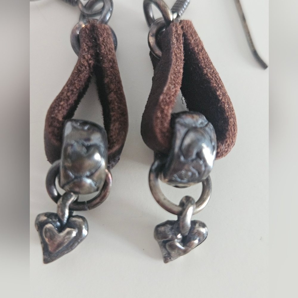 Leather & Silver Heart Drop Earrings | SZ 1.5" - Picture 3 of 8